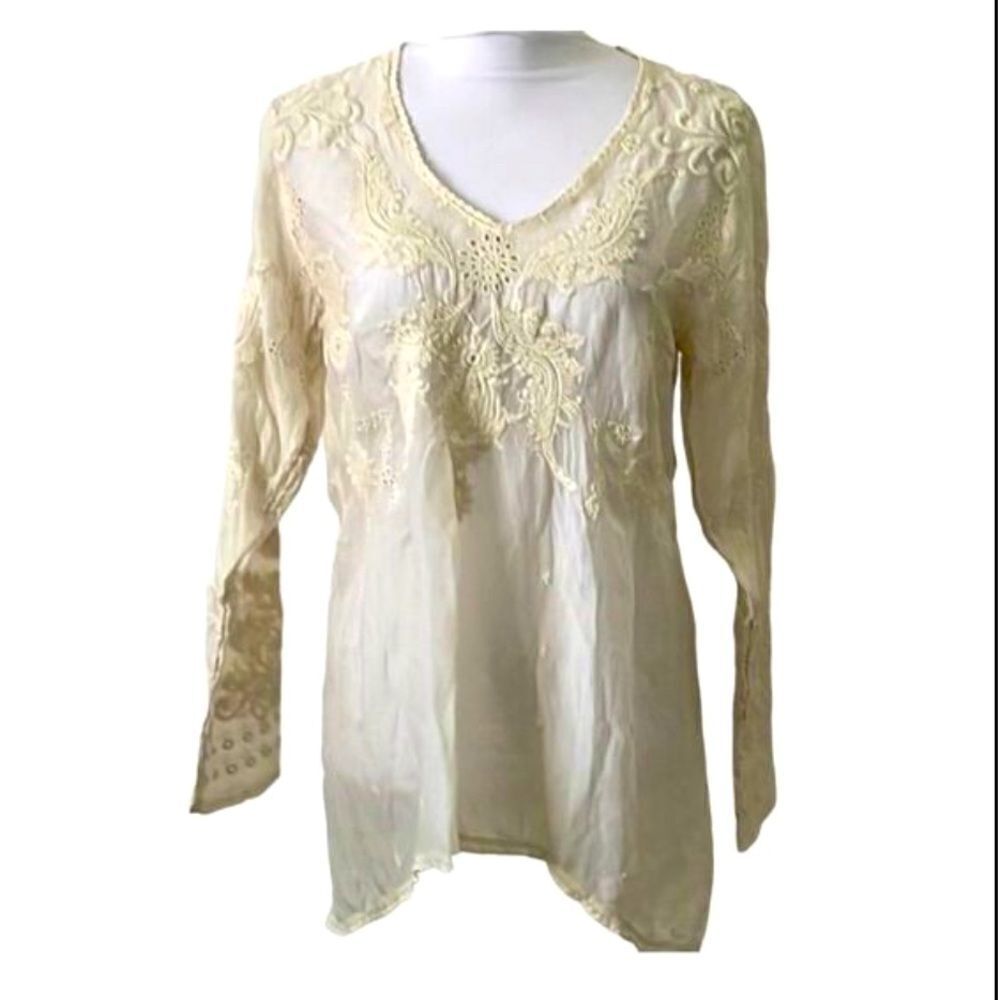 Johnny Was VTG Cream Semi Sheer Lace Embroidered,Eyelet SZ XS/S See Measurement